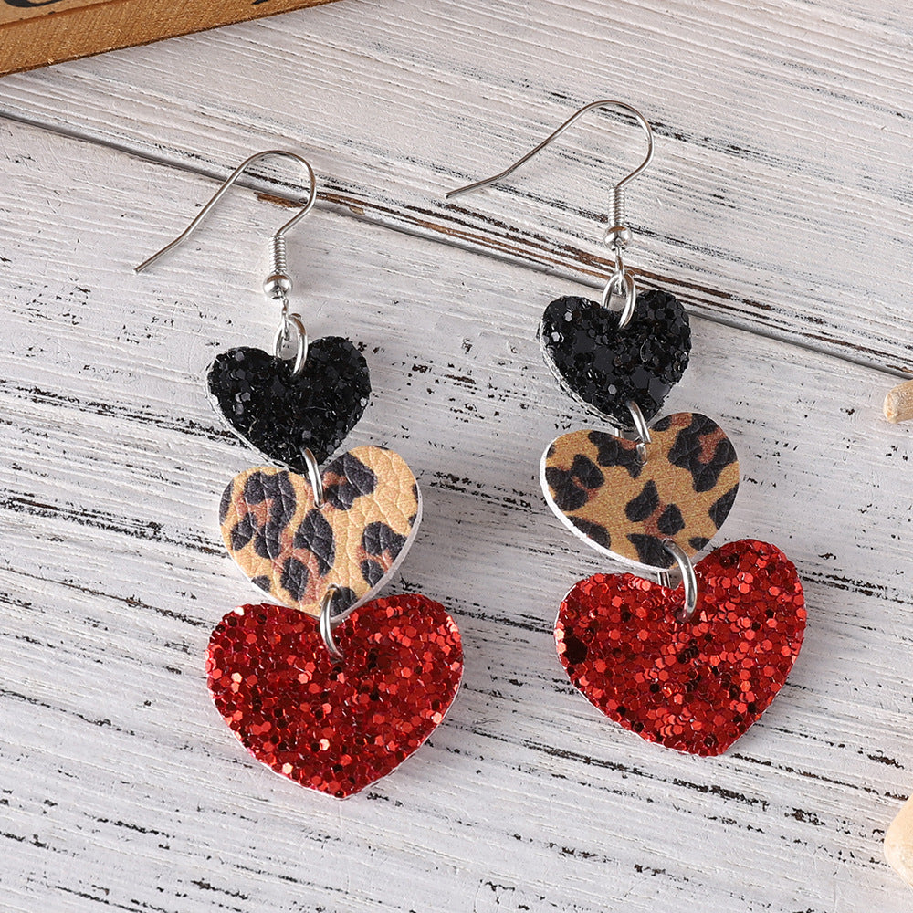 Wholesale Valentine' s Day Leather Cow Print Leopard Print Heart Earrings