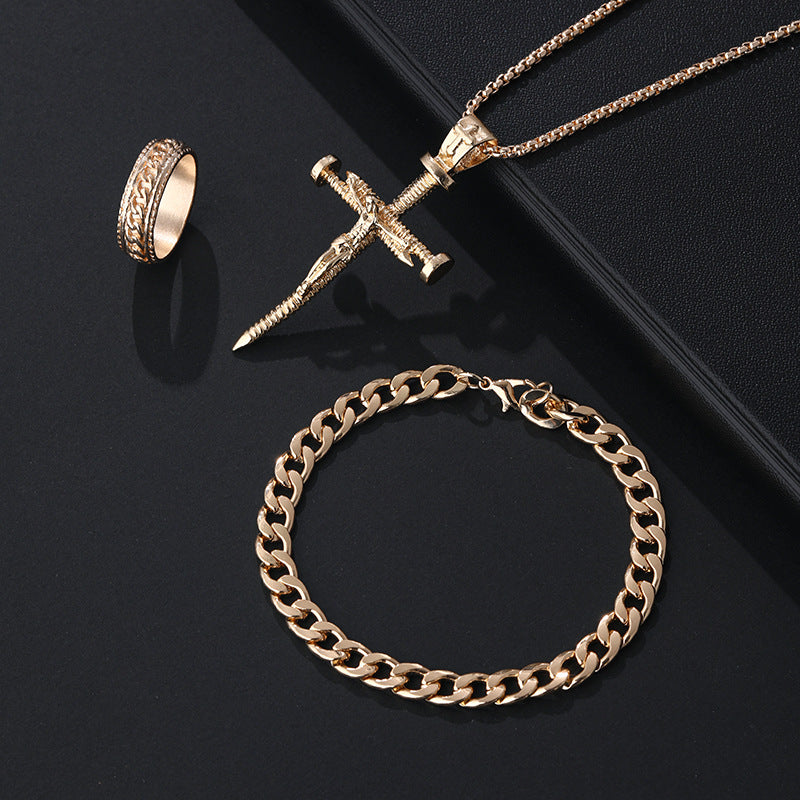 Wholesale Stylish Black Cross Crown Roman Numeral 3 Piece Jewelry Set Necklace Bracelet Ring Fashion Accessory Gift