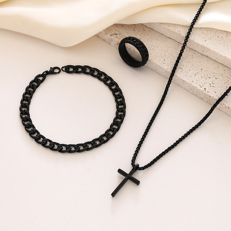 Wholesale Stylish Black Cross Crown Roman Numeral 3 Piece Jewelry Set Necklace Bracelet Ring Fashion Accessory Gift