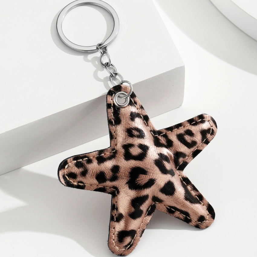 Wholesale Cross-Border Leopard Print Cotton-Filled Pu Five-Pointed Star Keychain Pendant Couple Leather Leopard Print Star Car Bag Pendant
