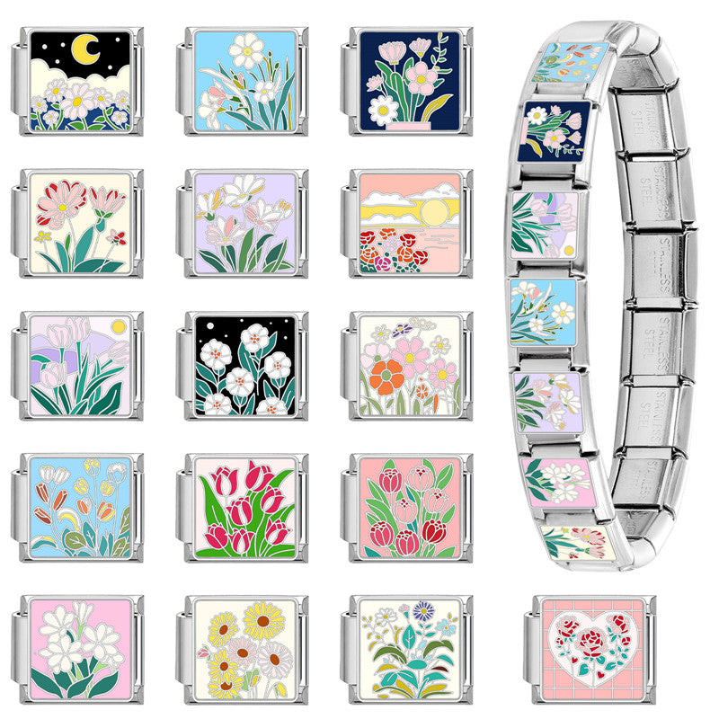 Wholesale Italian Charm Bracelet 9mm DIY Splicing Flowers Stainless Steel Composable Bracelet