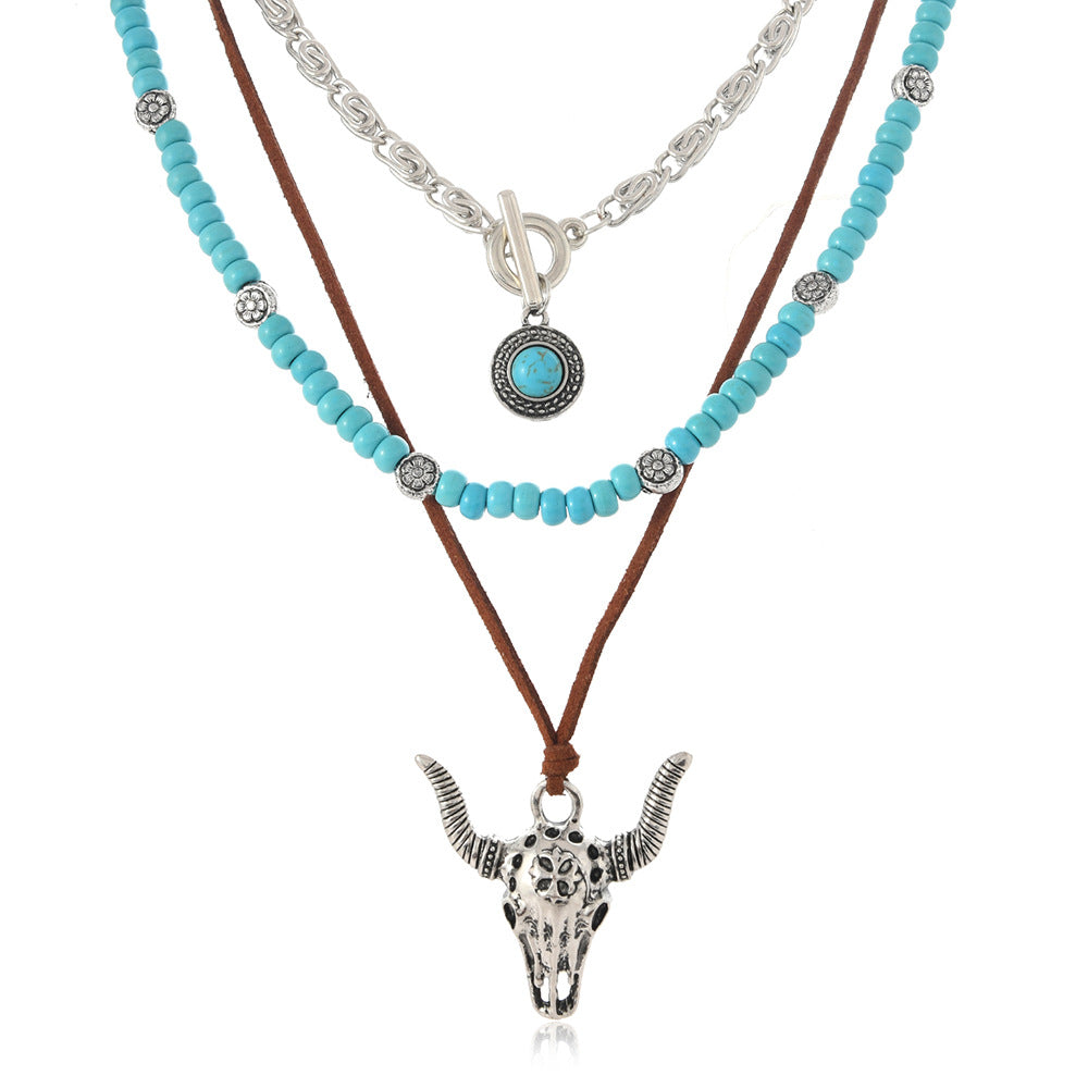 Wholesale Zinc Alloy Retro Cowboy Bull Head Pendant Layered Necklace Set With Turquoise Beads Ethnic Style Choker Fashion Jewelry For Resale