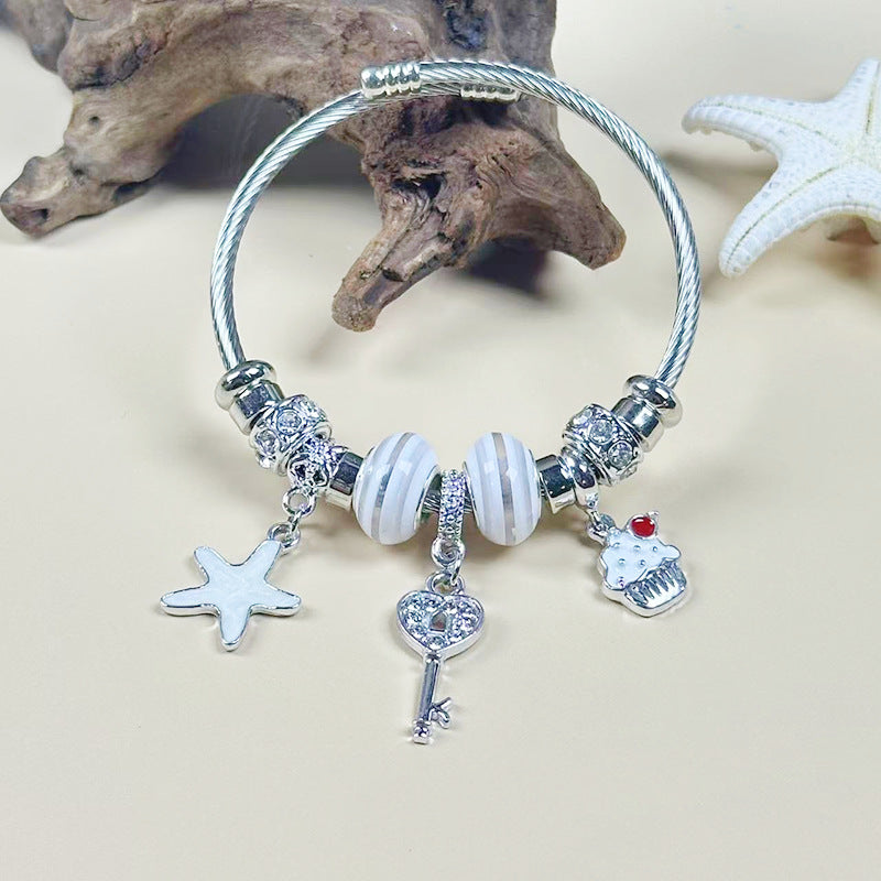 Wholesale Diamond Open Bracelet Stainless Steel Ocean Style Pendant Beaded Bracelet