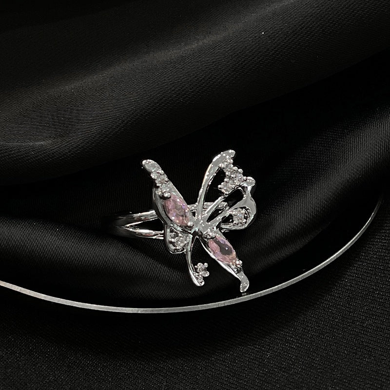 Wholesale Pink Heart Zircon Copper Butterfly Open Rings Adjustable Rings ACC-RS-JiuHao027