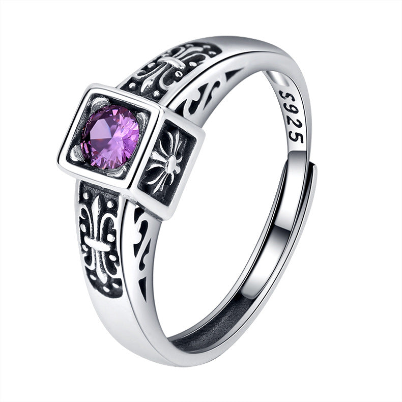 Wholesale 925 Sterling Silver Vintage Purple Zirconium Cross Red Diamond Opening Ring