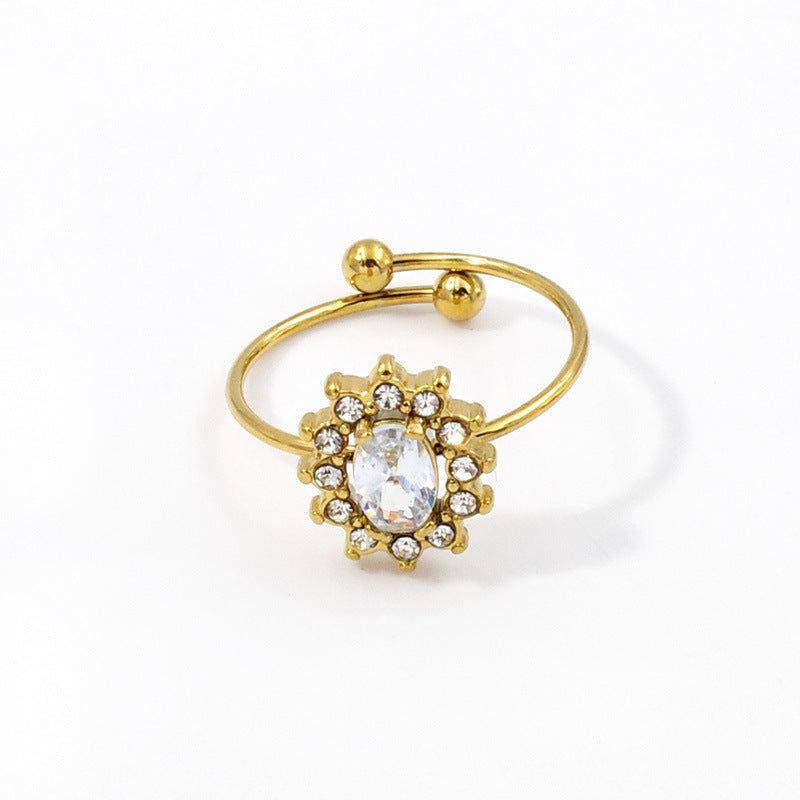 Wholesale Adjustable Flower Design Stainless Steel Open Ring with Colored Gemstones Fashion Jewelry Accessory