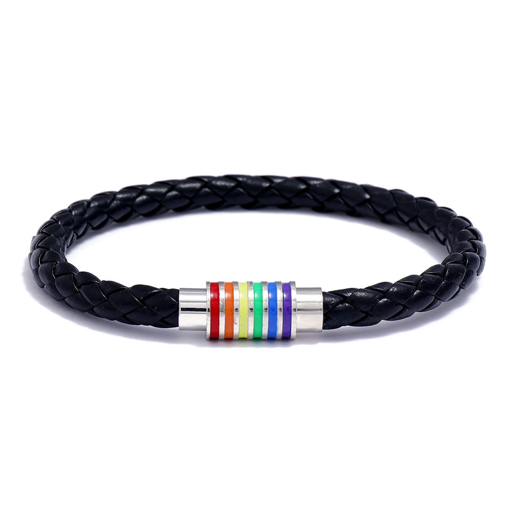 Wholesale Gay Braided Cowhide Bracelet Rainbow Colorful Magnetic Buckle Bracelet Miyuki ACC-BT-Saih011