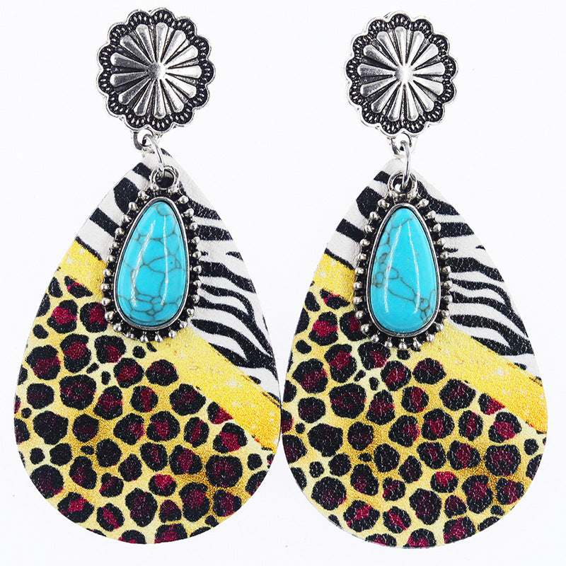 Wholesale Western Denim style leopard print alloy turquoise leather earrings