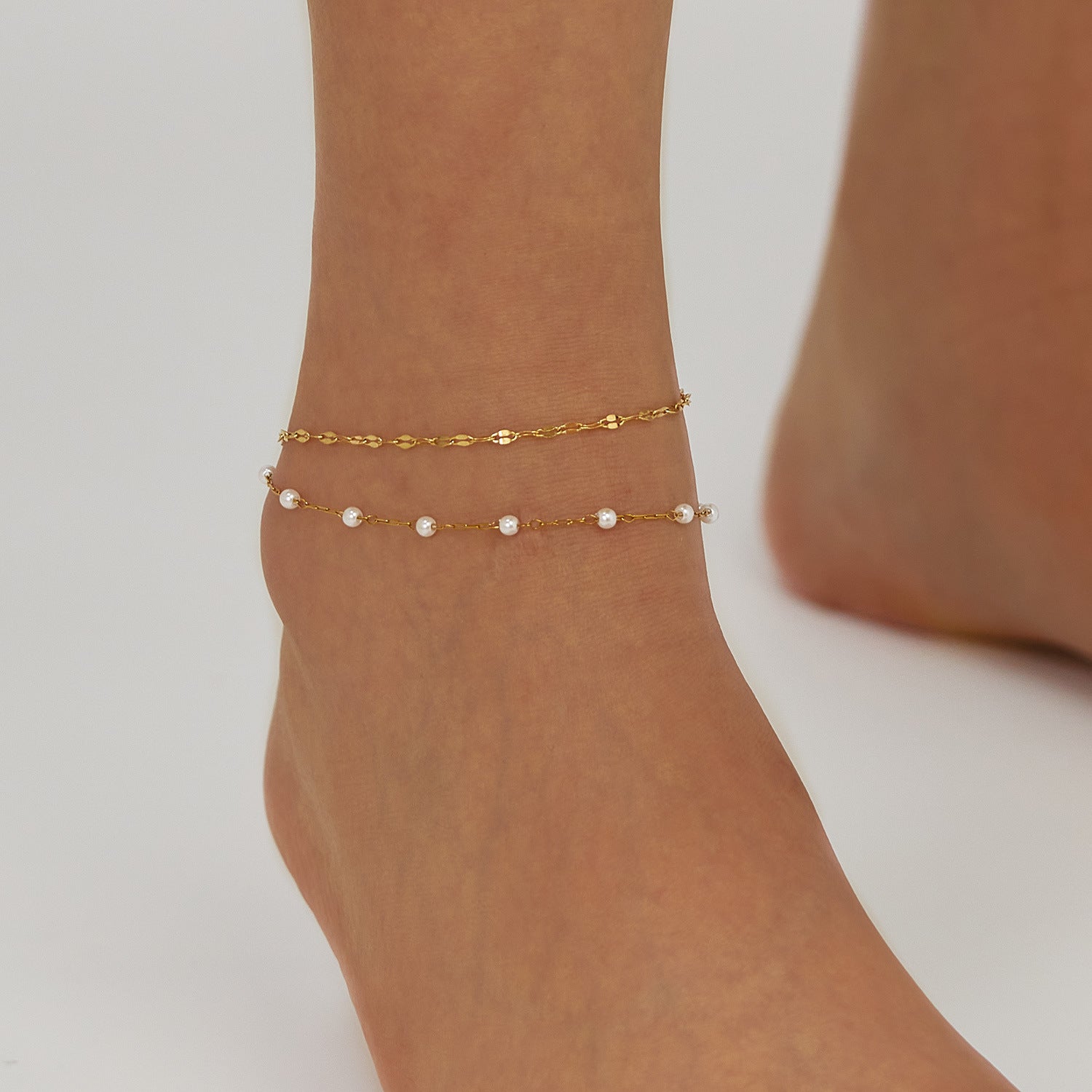 Wholesale  Stainless Steel Double Layer Stacked Pearl Anklet