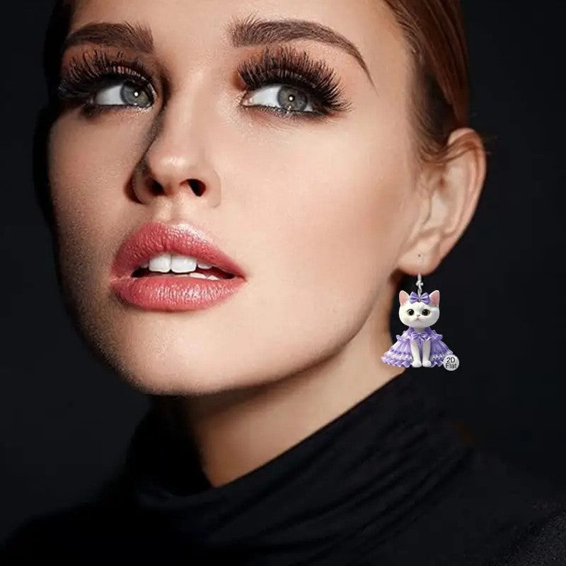 Wholesale Purple Dress White Cat Acrylic Earrings