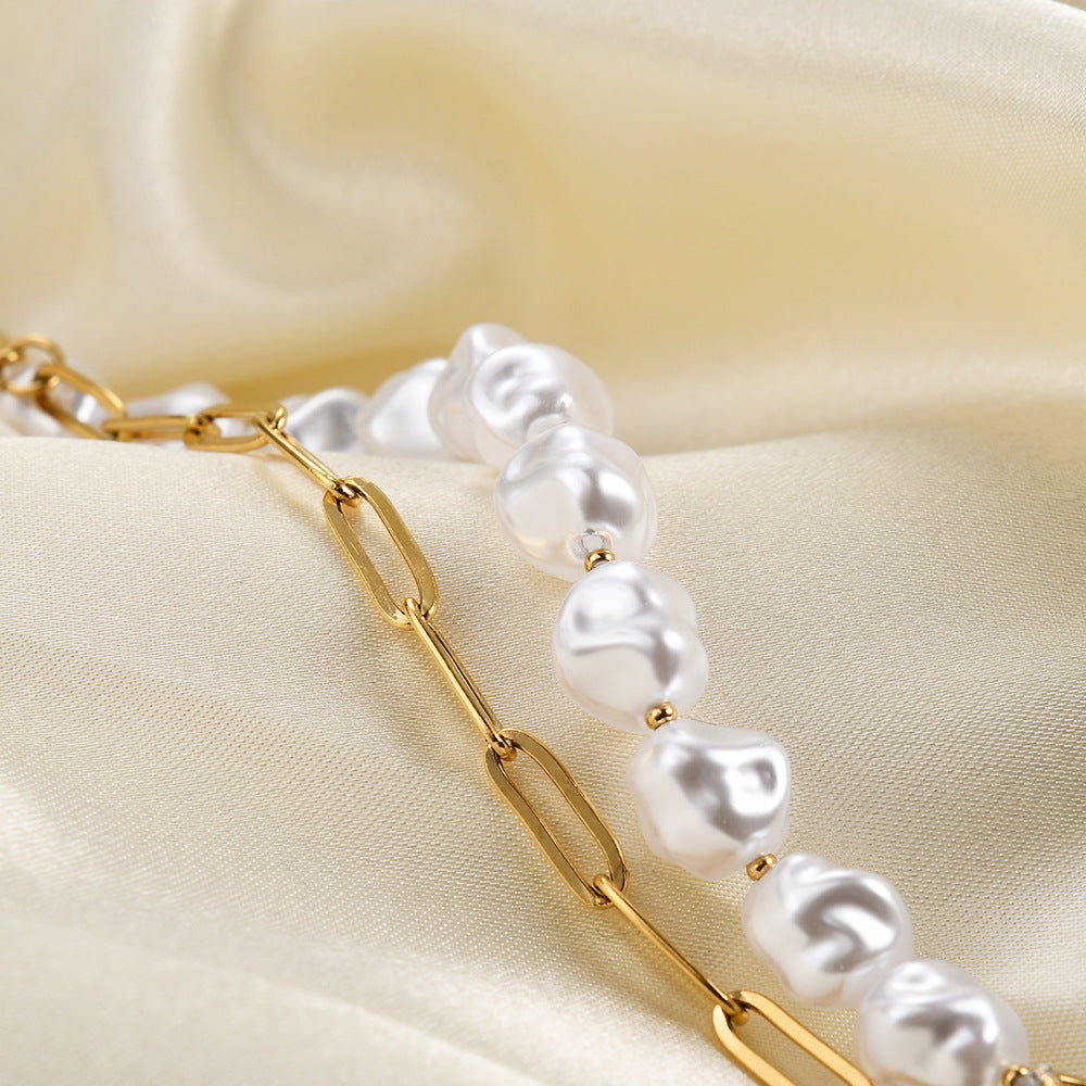 Wholesale Light luxury  love inlaid shell pearl stitching stainless steel necklace