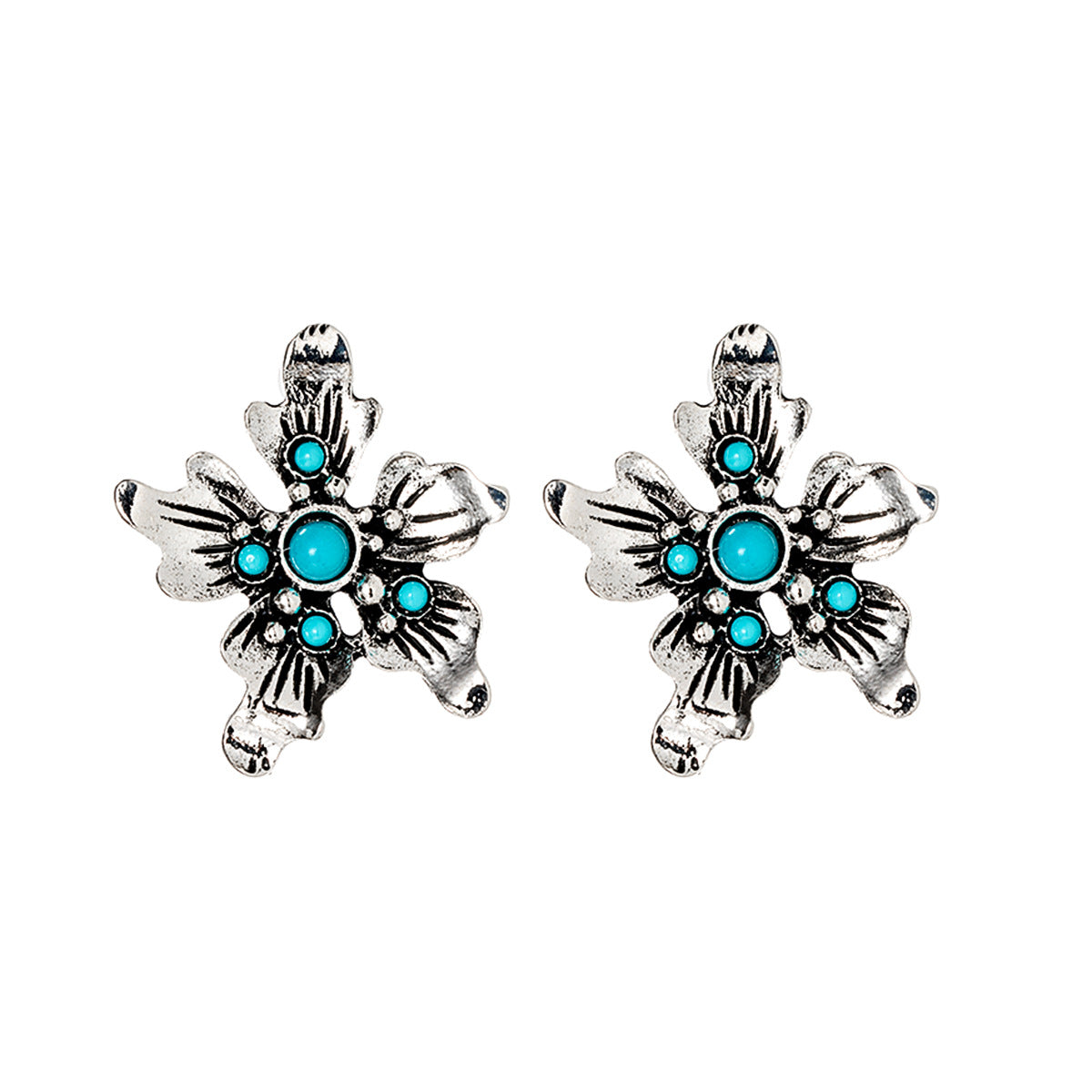 Wholesale  Retro Silver Flower Inlaid Turquoise Women's Alloy Earrings