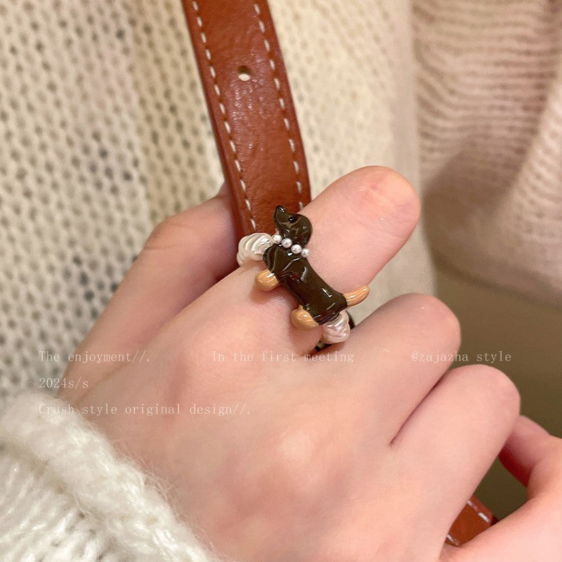 Wholesale Cute Dachshund Pearl Ring  Light Luxury Finger Ring