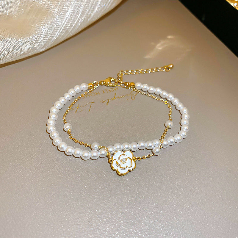 Wholesale drop oil camellia double row pearl bracelet
