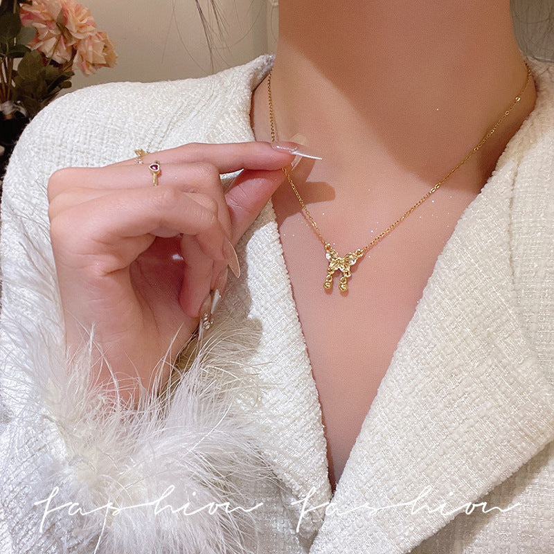 Wholesale Titanium Steel Three-Dimensional Bow Necklace  Luxury Niche Design Clavicle Chain