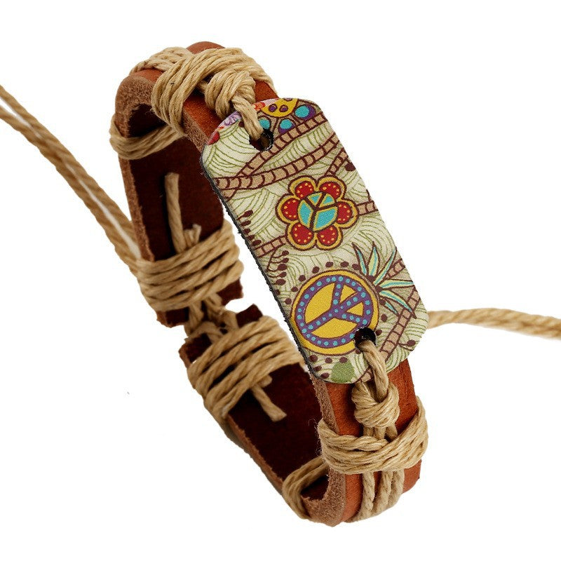 Wholesale Vintage Peace Sign Braided Leather Bracelet Unisex Handmade Fashion Accessory