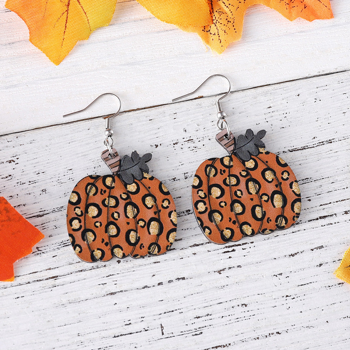 Wholesale Thanksgiving Day Leopard Print Pumpkin Pendant Wood Earrings ACC-ES-ChuLian030