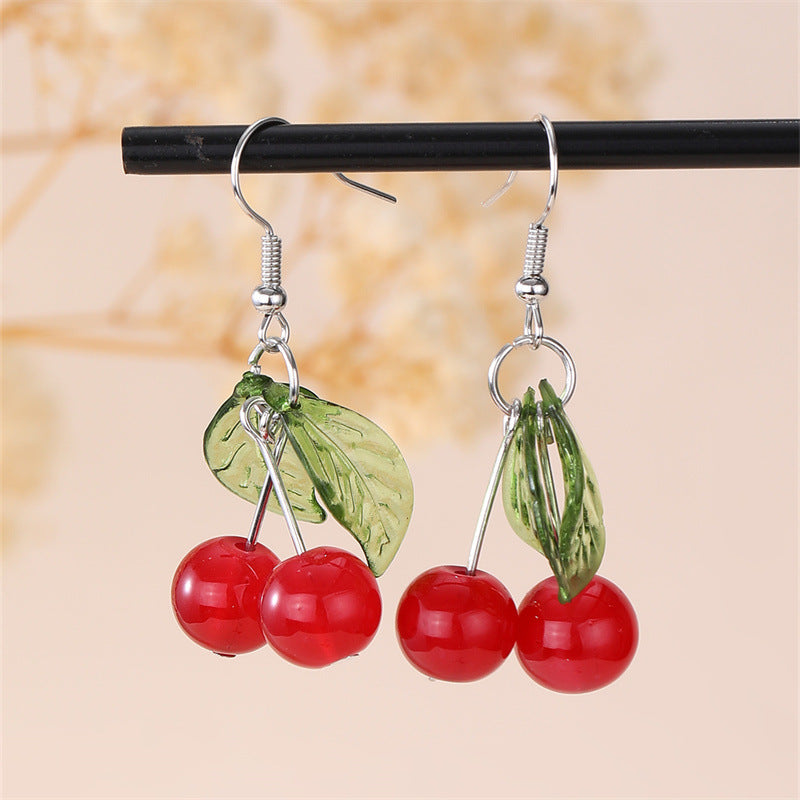 Wholesale Cherry Fruit Pendant Green Leaf Earrings ACC-ES-NZ001