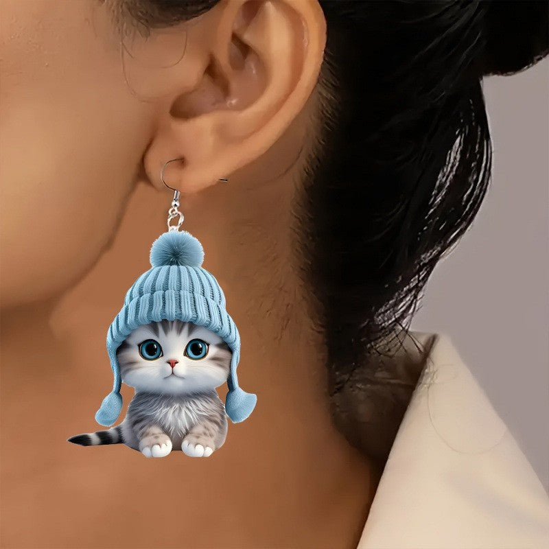 Wholesale Blue Sweatshirt Plush Kitten Acrylic Flat Earrings