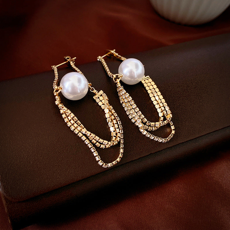 Wholesale Light luxury style diamond-embedded chain Pearl 925 silver needle earrings