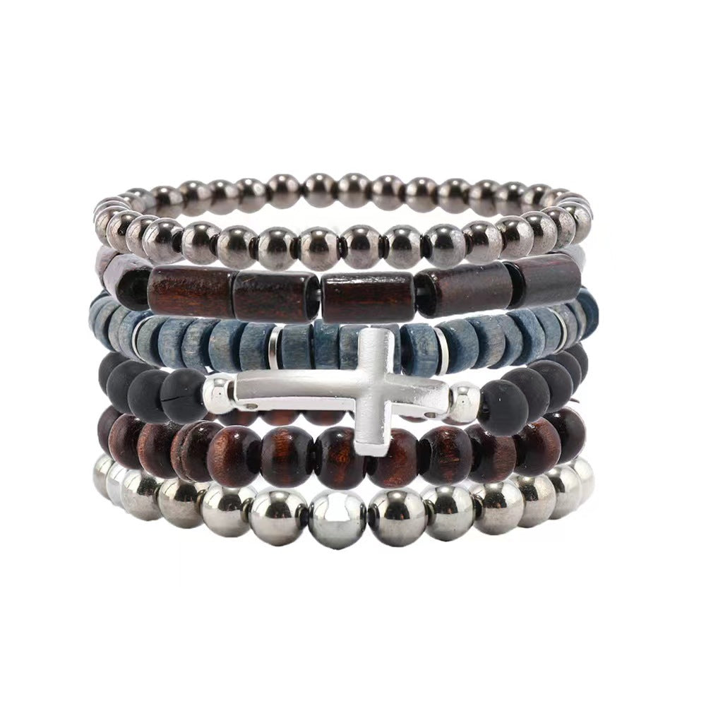 Wholesale 3PCS Vintage-style multi-layered wooden bead cross bracelet