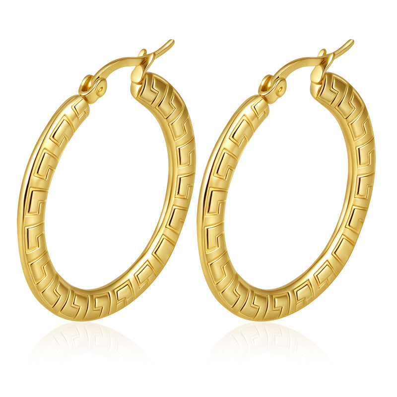 Wholesale Embossed Round Earrings Stainless Steel Gold Plated Everyday Wear Jewelry Accessory