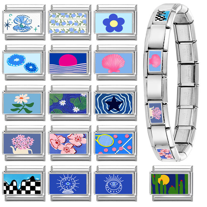 Wholesale 9mm Italian Charm Starter Bracelets Blue series DIY square Single Section Creative Stainless Steel Composable Bracelet