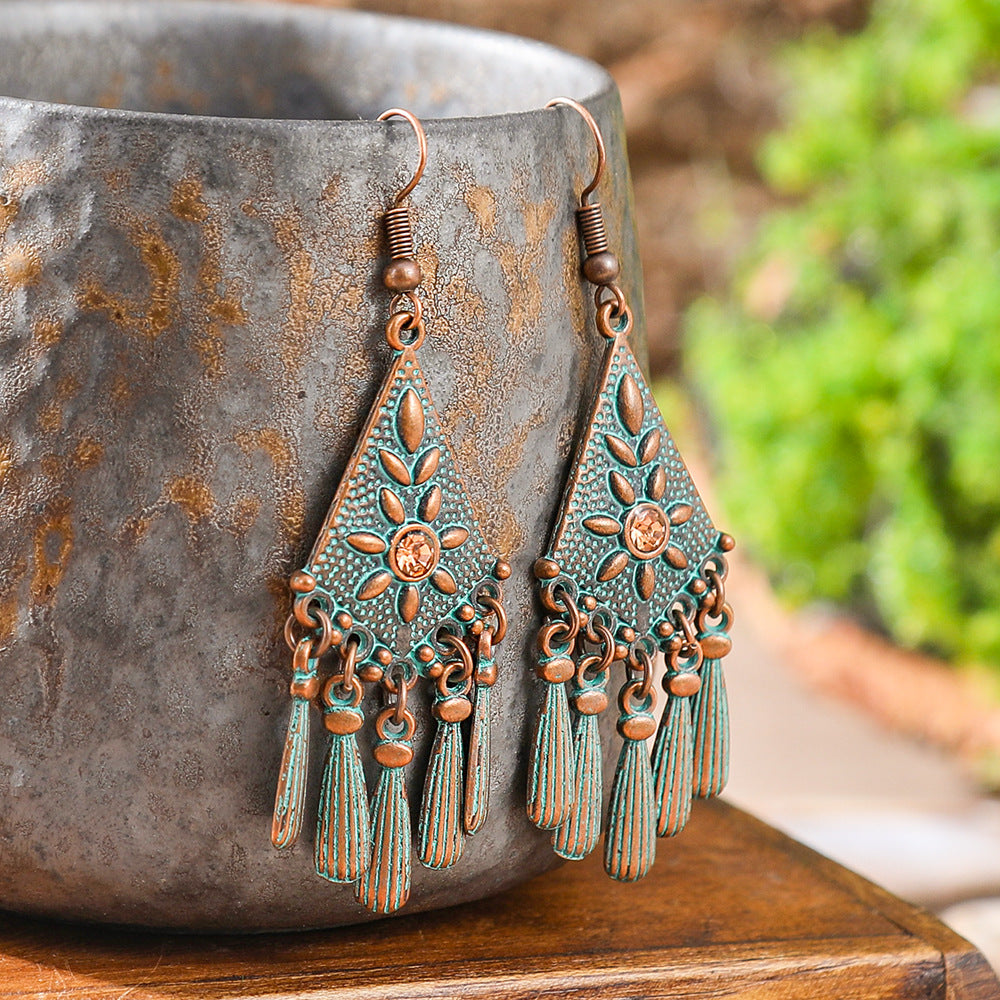 Wholesale Retro Ethnic Earrings Set Alloy Geometric Turquoise Tassel Trendy Party Accessory Gift