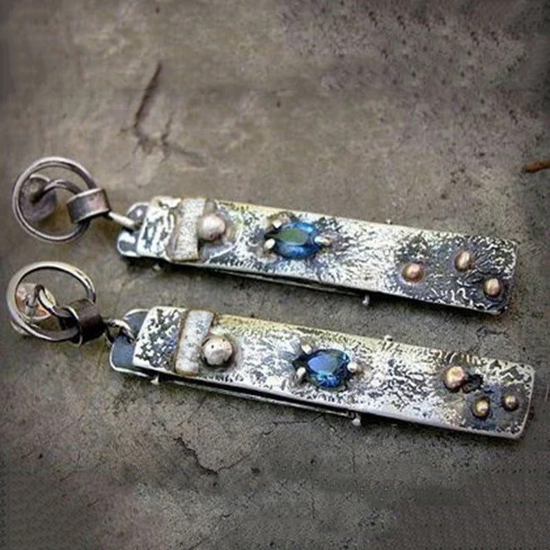 Wholesale  tribal ethnic style pendant earrings long blue stone handmade alloy earrings