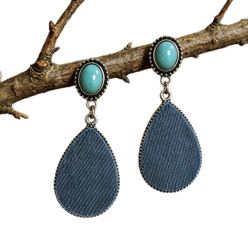 Wholesale Leather Vintage Western Bohemian Drop Earrings Turquoise Print Women' s Jewelry Accessory