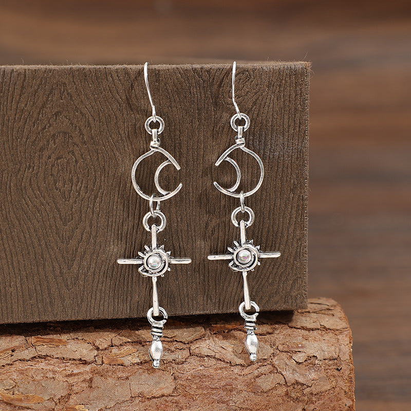 Wholesale Long Moon Sun Symmetric Alloy Earrings Ethnic Style Silver Tone Jewelry Accessory For Party And Boutique Resale