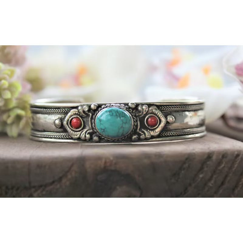 Wholesale Vintage Inlaid Turquoise Adjustable Opening Bracelet Gift Boutique Resale