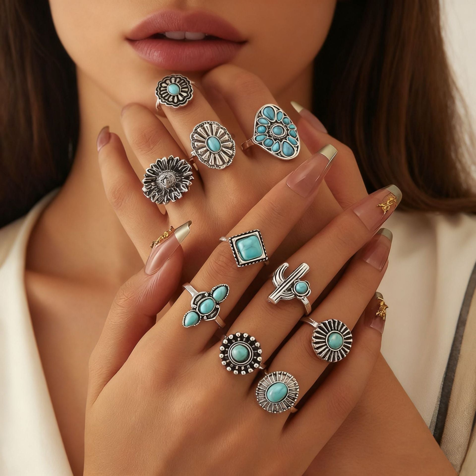 Wholesale Turquoise Vintage Flower Ring Set 10-Piece Women' s Jewelry Accessory