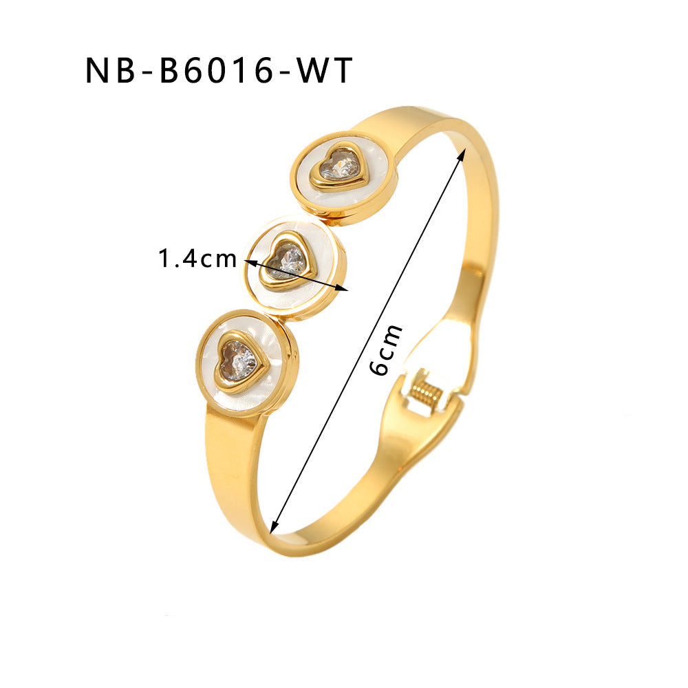 Wholesale stainless steel heart-shaped colorful zircon inlaid white sea shell 18K gold bracelet