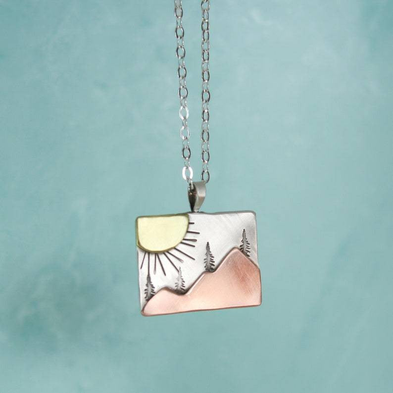Wholesale Retro Creative Sun Mountain Forest Pattern Square Necklace