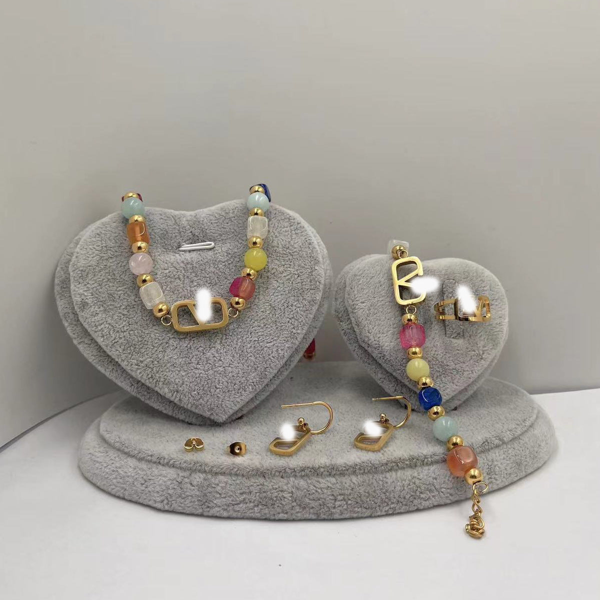 Wholesale colorful  beaded necklace ring bracelet four-piece jewelry