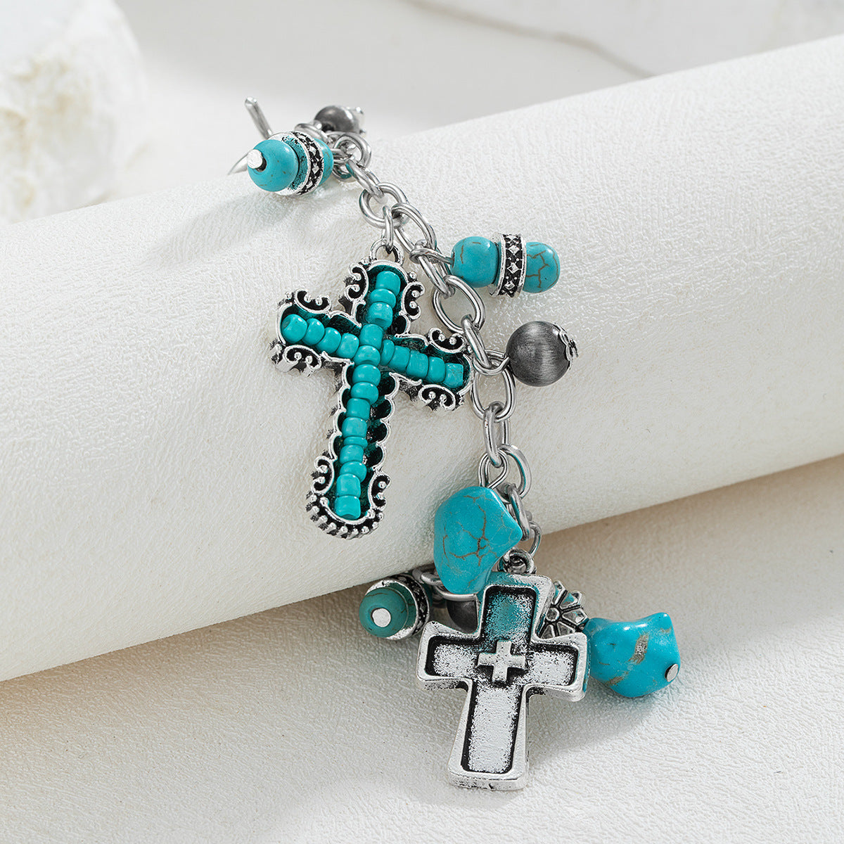 Wholesale  Turquoise Antique Cross Beaded Carved Silver Turquoise Retro  Bracelet