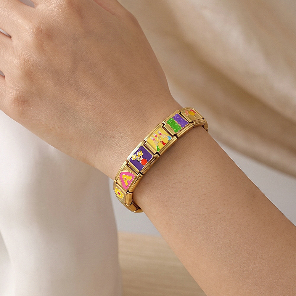 Wholesale Stainless Steel Gold Tone Colorful Enamel Flower Modular Bracelet DIY Detachable Elastic Jewelry Accessory Gift