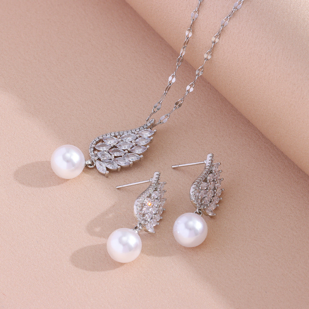 Wholesale Titanium Steel Full Zirconium Feather Pearl Pendant Necklace Earrings