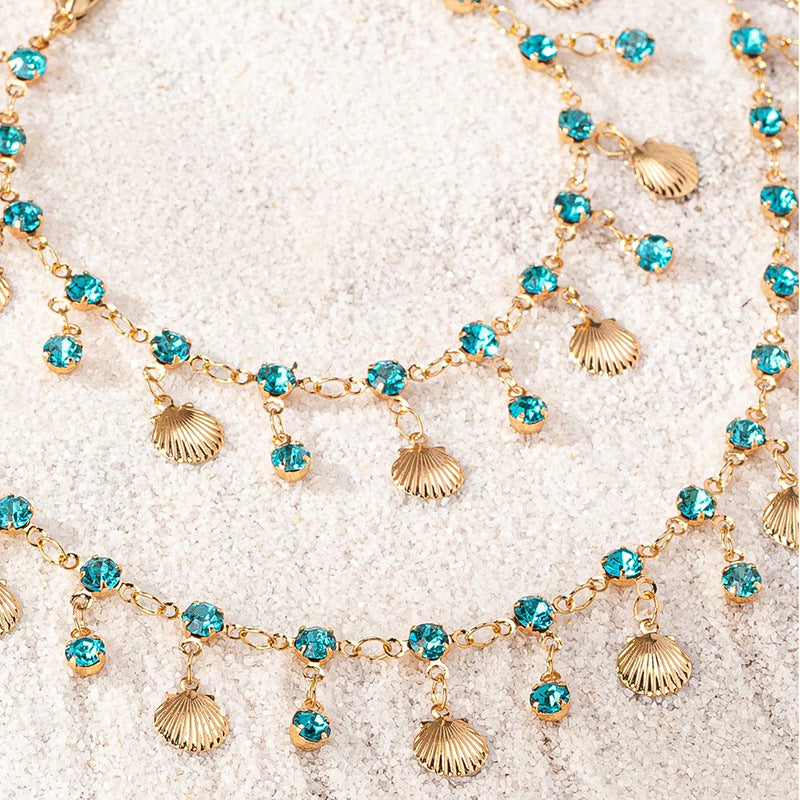 Wholesale  Explosive Fire Exotic Shell Blue Diamond Fashion Beach Holiday Bohemian Style Women Necklace suit