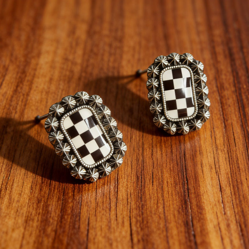 Wholesale Retro Western Style Geometric Black and White Checkerboard Earrings