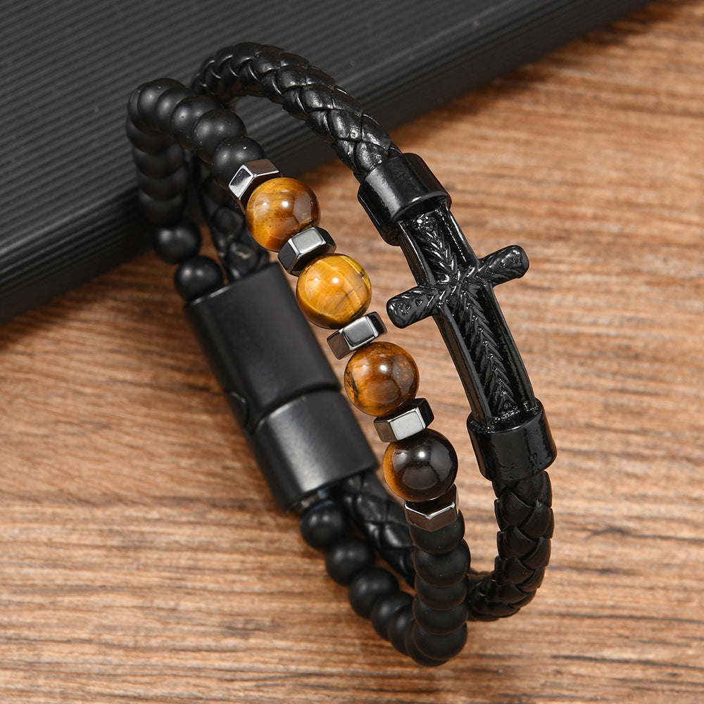 Wholesale Punk Natural Stone Beaded Cross Vintage Men' s Leather Bracelet