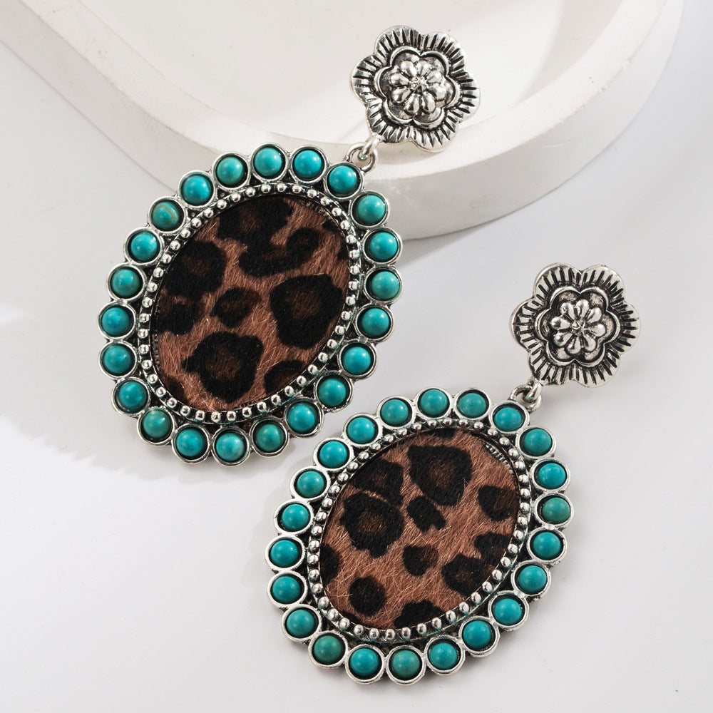 Wholesale Turquoise Leather Western Ethnic Earrings Vintage Court Style Boutique Resale