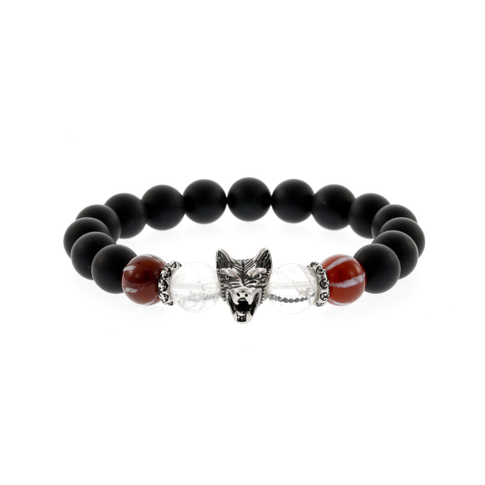 Wholesale Men' s semi-precious stone wolf head bracelet frosted black agate elastic bracelet