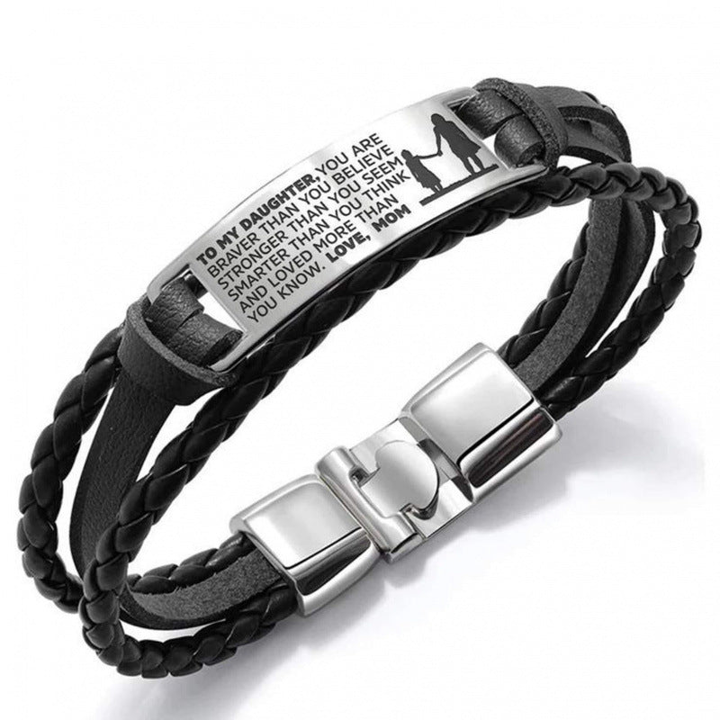 Wholesale Leather Steel Plate Bracelet,  Black Woven Steel Plate with Engraved Text,  Stainless Steel Tongue Clasp Leather Bracelet,  Three-Layer Leather Steel Plate Bracelet