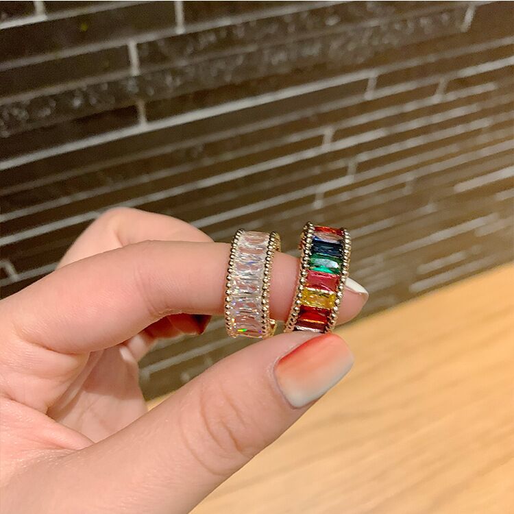 Wholesale Stylish Rainbow Zirconia Open Adjustable Ring Gold Tone Copper Electroplated For Unisex Fashion Jewelry Accessory