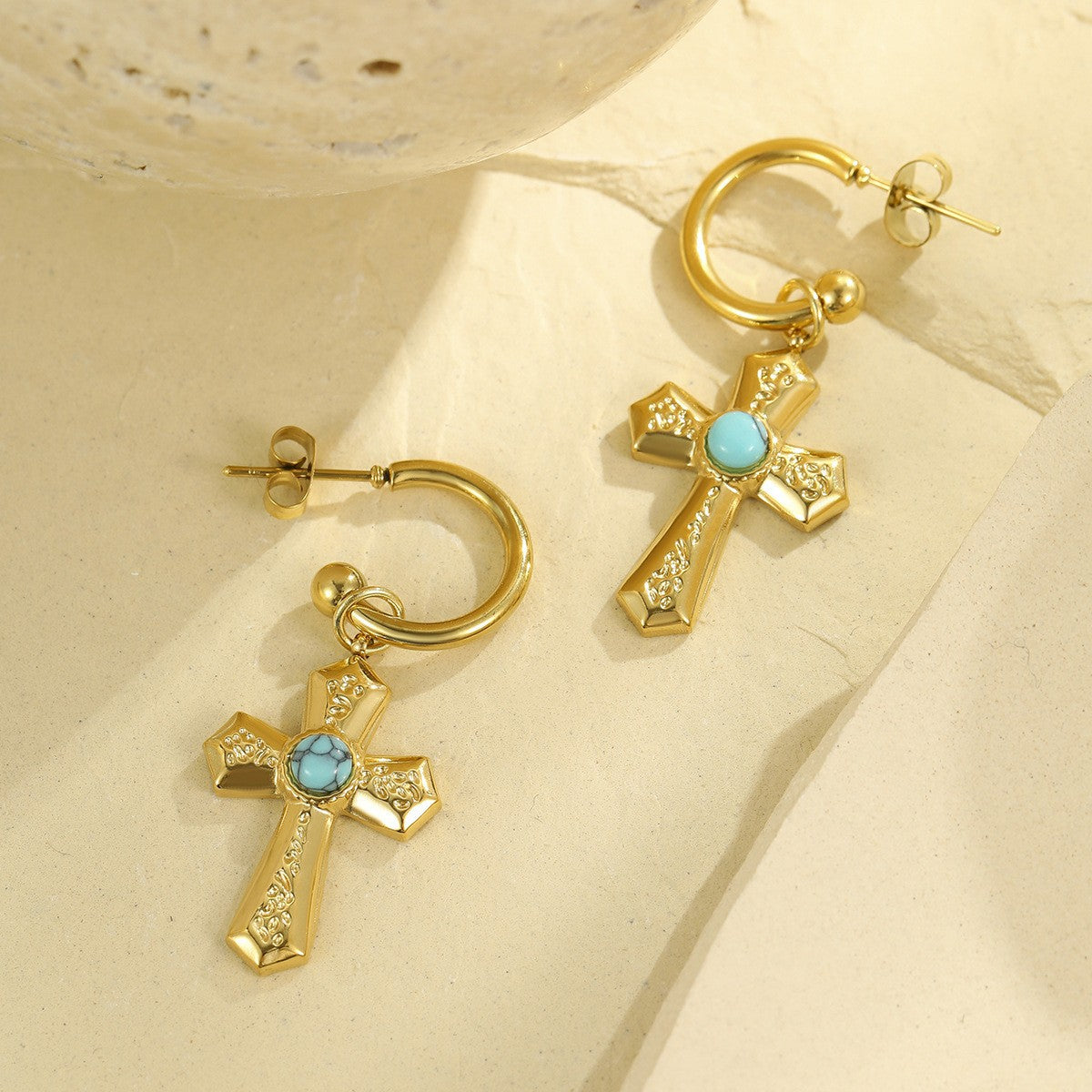 Wholesale Stainless Steel Light Luxury Cross Earrings with Pearls and Zirconia