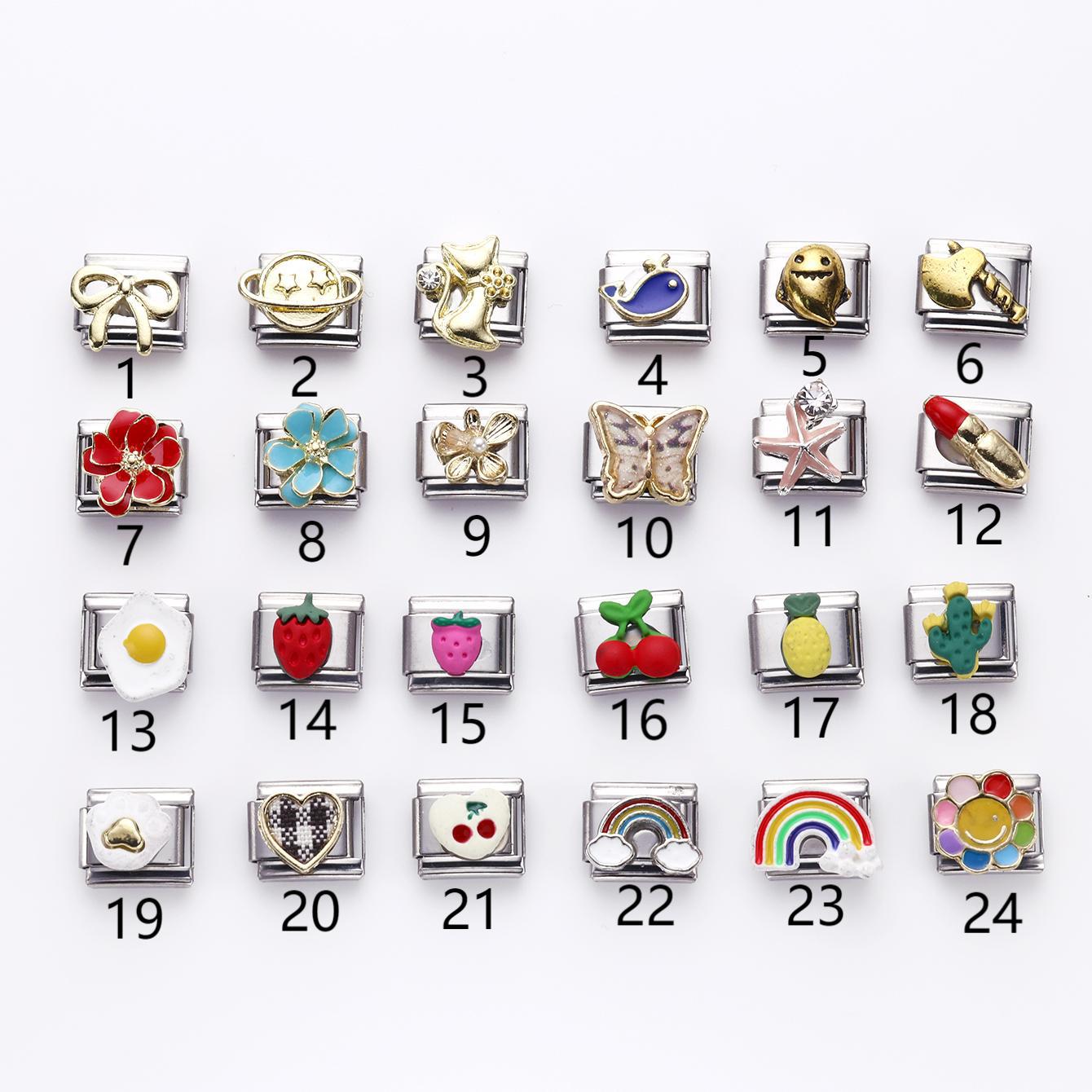 Wholesale 10pcs Italian Charm Bracelet 9mm DIY Splicing Flower Fruit Rainbow Series Stainless Steel Composable Bracelet