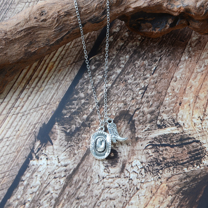 Wholesale  fashion Denim theme creative personality western cowboy hat boots necklace