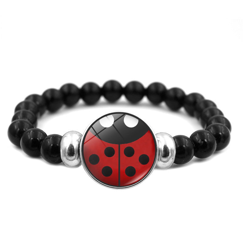 Wholesale Cartoon Ladybug Bear Paw Print Black Elastic Bead Bracelet Handmade Glass Jewelry Gift